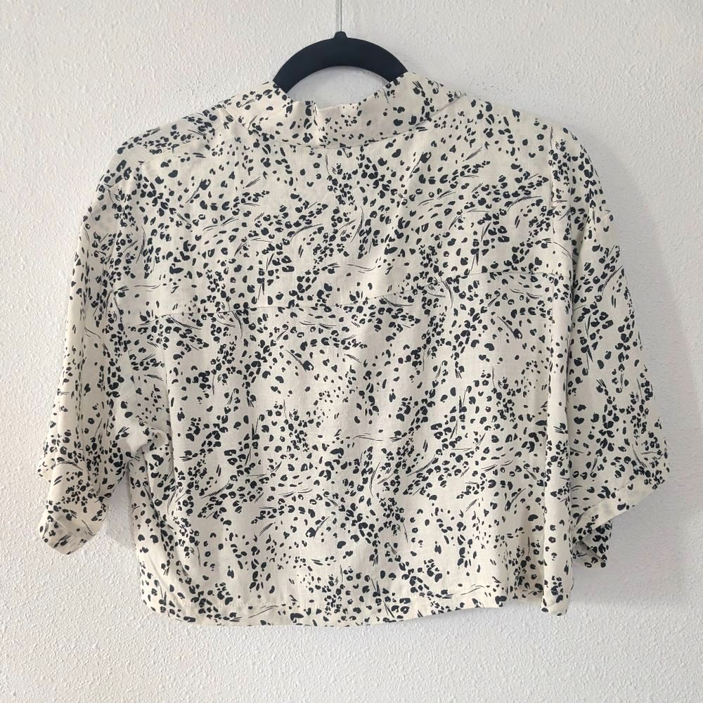 Kirious Linen Blend Cropped Blouse Large | Ivory Black Print Button Front Top - Picture 3 of 6